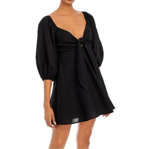Charlie Holiday Sonny Black Mini Dress Tie Front Linen Cotton Blend LBD
